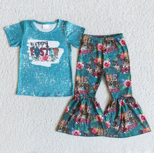 Teal T-Shirt "Happy Easter"with bell bottom